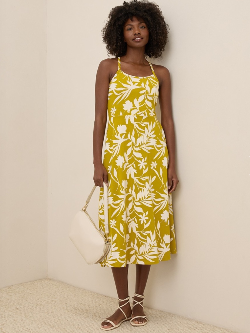 Pact NWOT Organic Chartreuse Floral Tropical Palm Midi Dress Fit & Flare Large